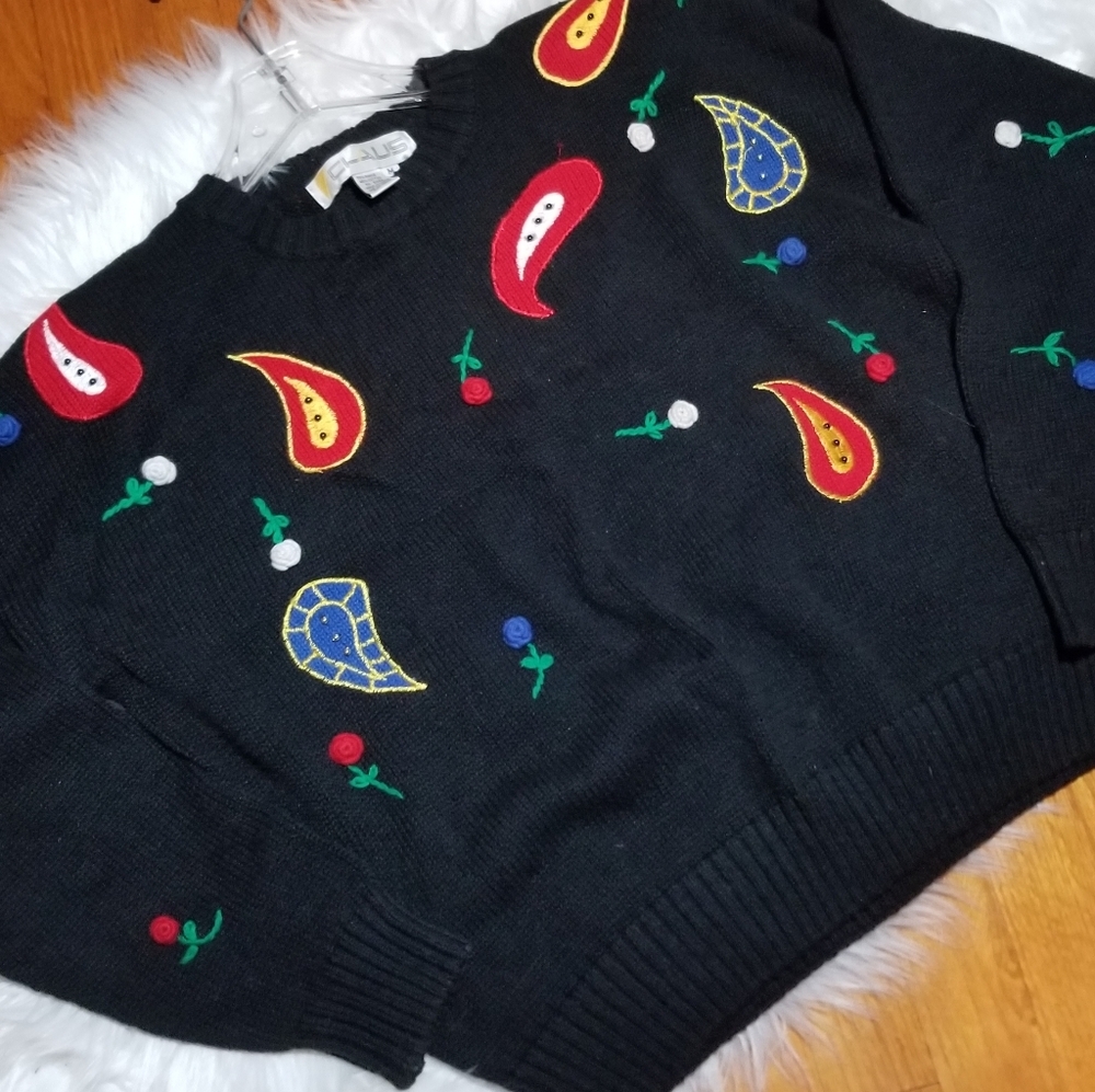 VTG 80s/90s Chaus black/Roses longsleeve Sweater - Picture 15 of 16